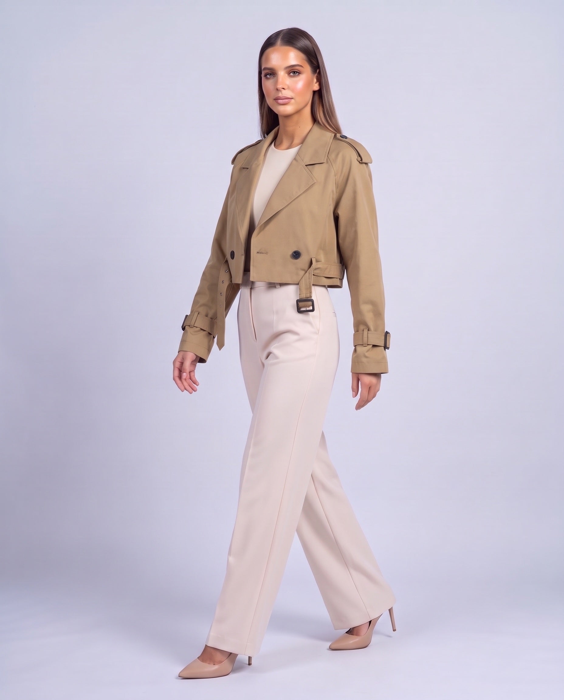 Cropped Utility Trench Coat Women's Belted Autumn Jacket - Brown