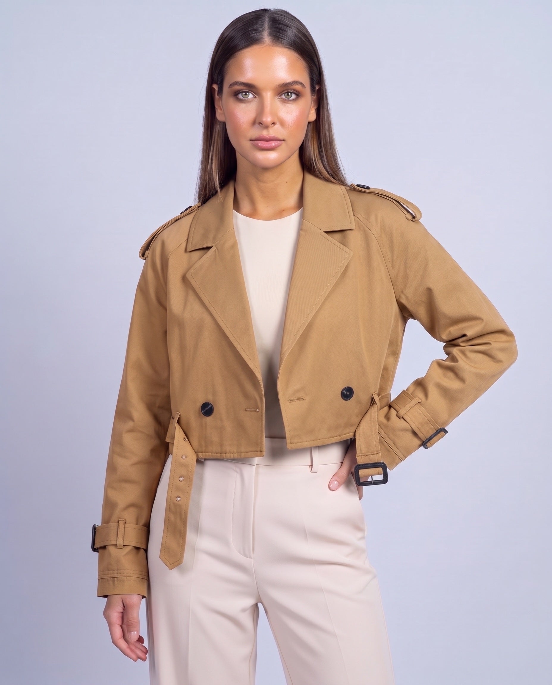 Cropped Utility Trench Coat Women's Belted Autumn Jacket - Brown