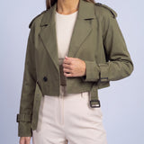 Cropped Utility Trench Coat Women's Belted Autumn Jacket - Green