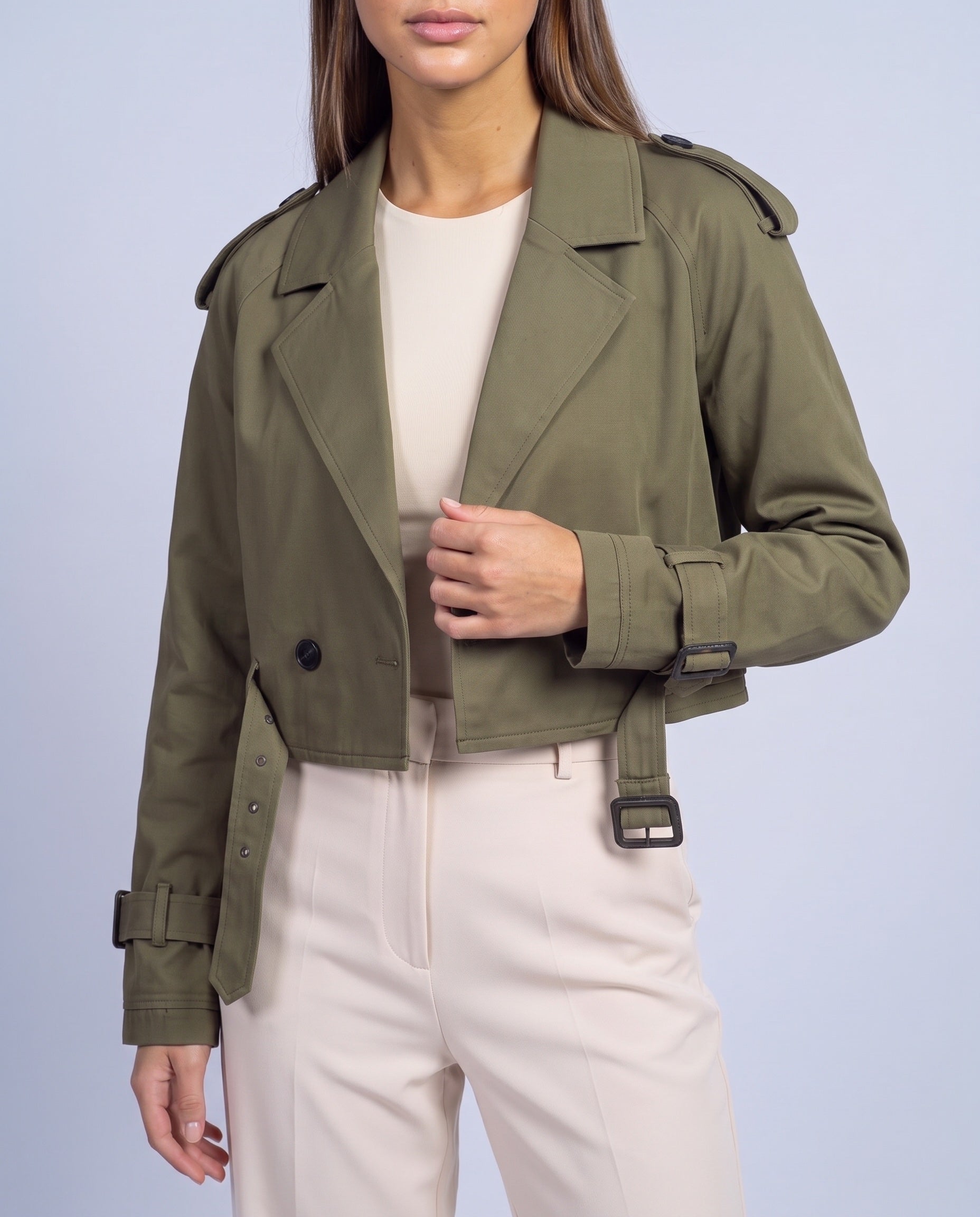Cropped Utility Trench Coat Women's Belted Autumn Jacket - Green