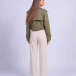 Cropped Utility Trench Coat Women's Belted Autumn Jacket - Green