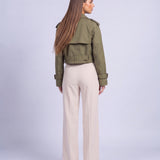 Cropped Utility Trench Coat Women's Belted Autumn Jacket - Green
