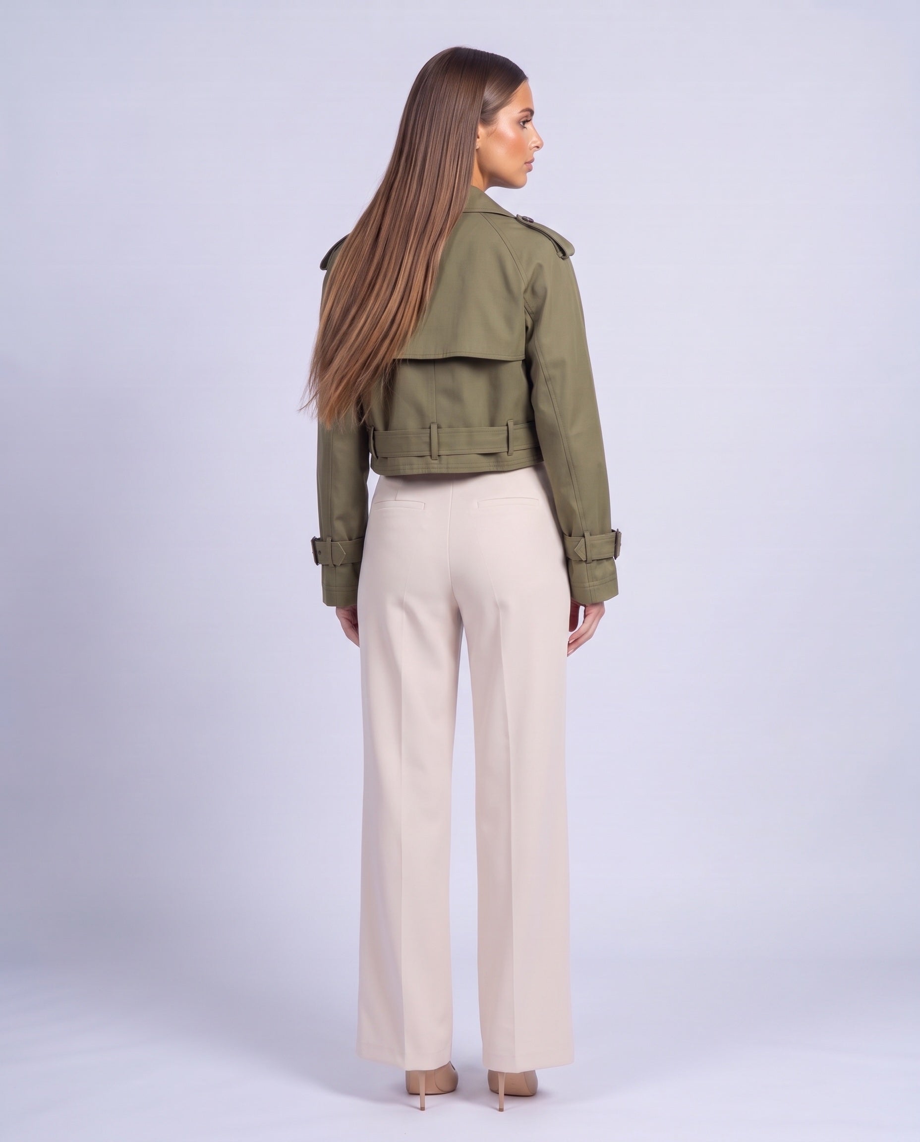 Cropped Utility Trench Coat Women's Belted Autumn Jacket - Green