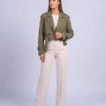 Cropped Utility Trench Coat Women's Belted Autumn Jacket - Green