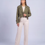 Cropped Utility Trench Coat Women's Belted Autumn Jacket - Green