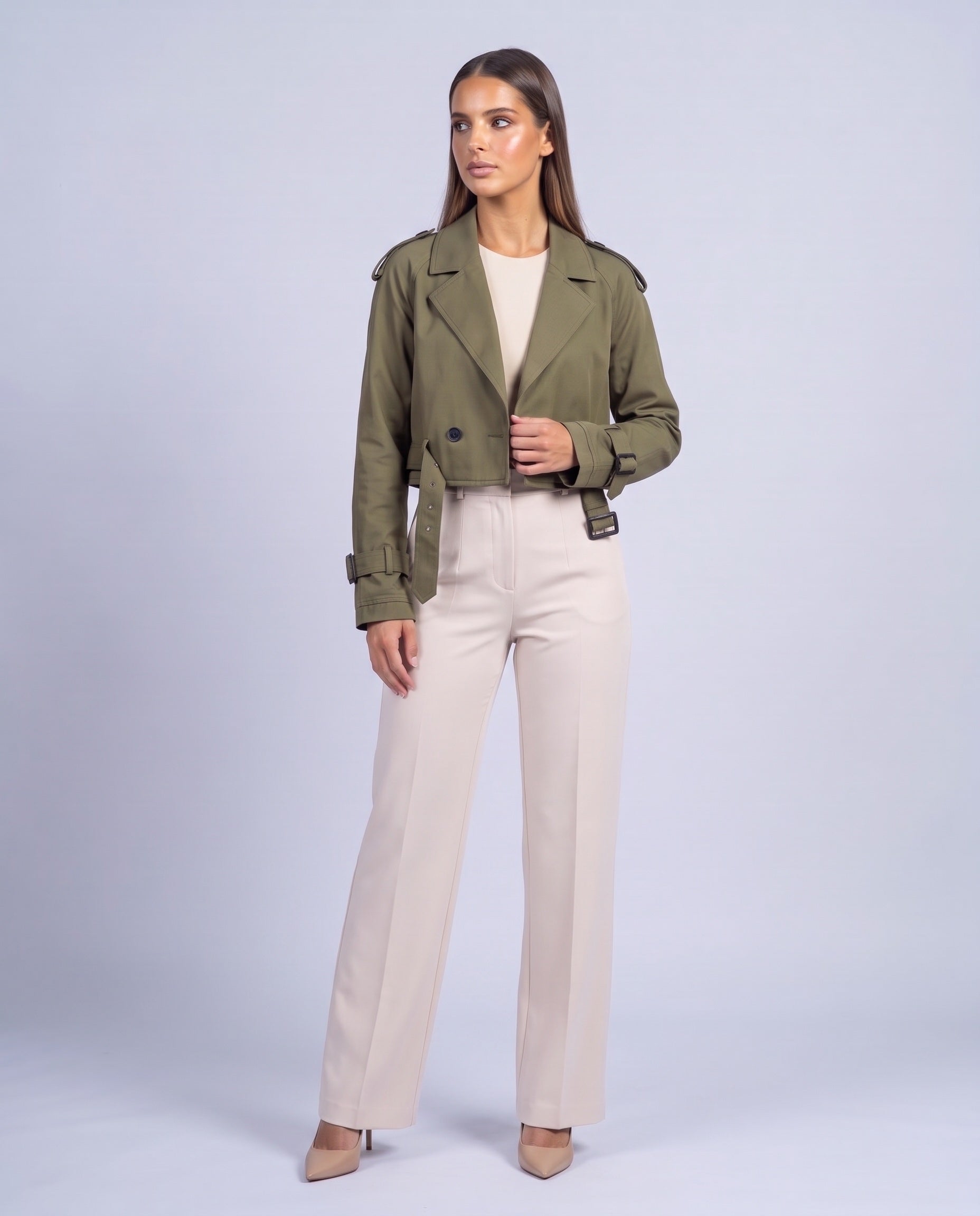 Cropped Utility Trench Coat Women's Belted Autumn Jacket - Green