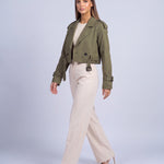 Cropped Utility Trench Coat Women's Belted Autumn Jacket - Green