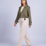 Cropped Utility Trench Coat Women's Belted Autumn Jacket - Green
