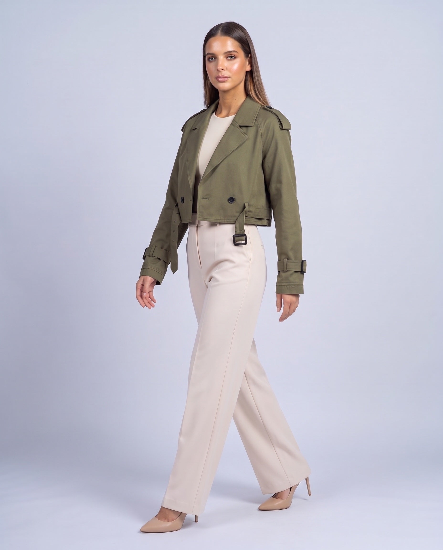 Cropped Utility Trench Coat Women's Belted Autumn Jacket - Green
