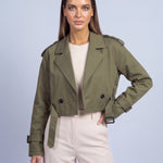Cropped Utility Trench Coat Women's Belted Autumn Jacket - Green