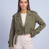Cropped Utility Trench Coat Women's Belted Autumn Jacket - Green