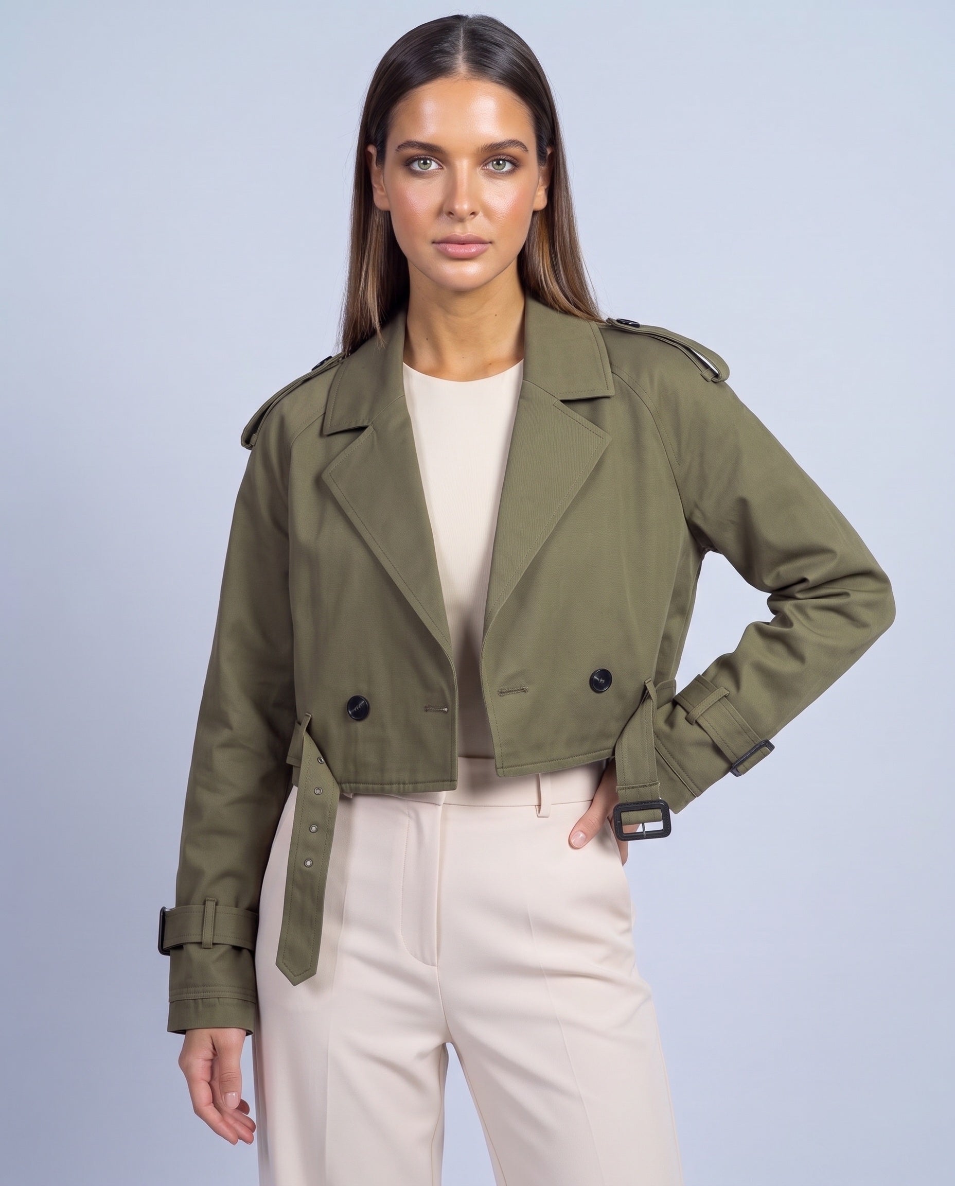 Cropped Utility Trench Coat Women's Belted Autumn Jacket - Green
