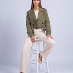 Cropped Utility Trench Coat Women's Belted Autumn Jacket - Green