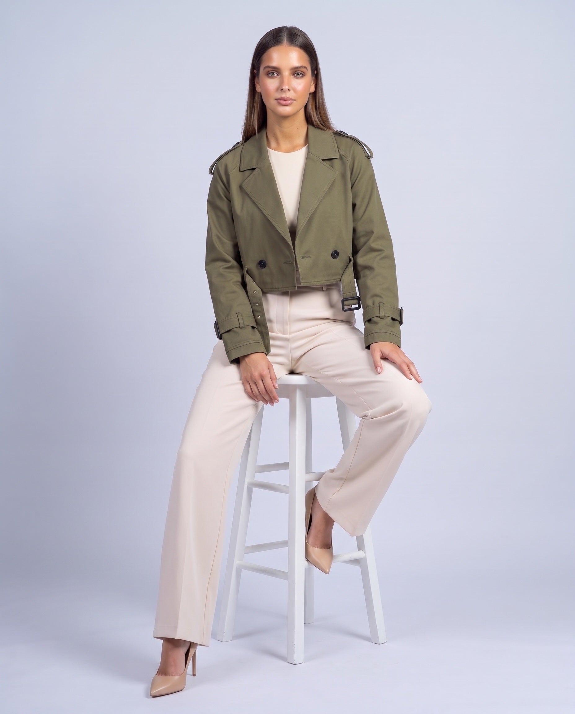 Cropped Utility Trench Coat Women's Belted Autumn Jacket - Green