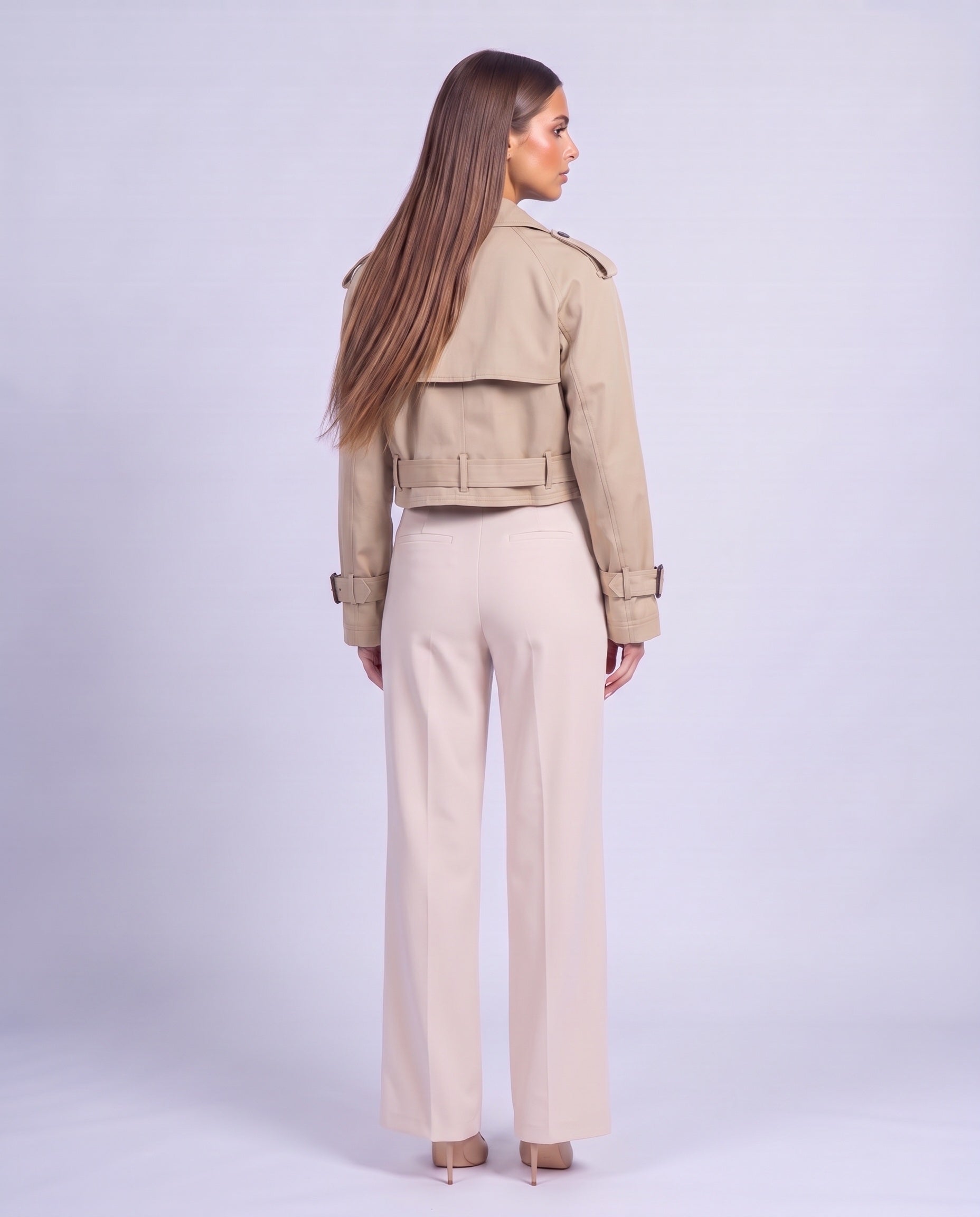 Cropped Utility Trench Coat Women's Belted Autumn Jacket - Khaki