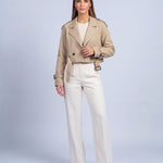 Cropped Utility Trench Coat Women's Belted Autumn Jacket - Khaki