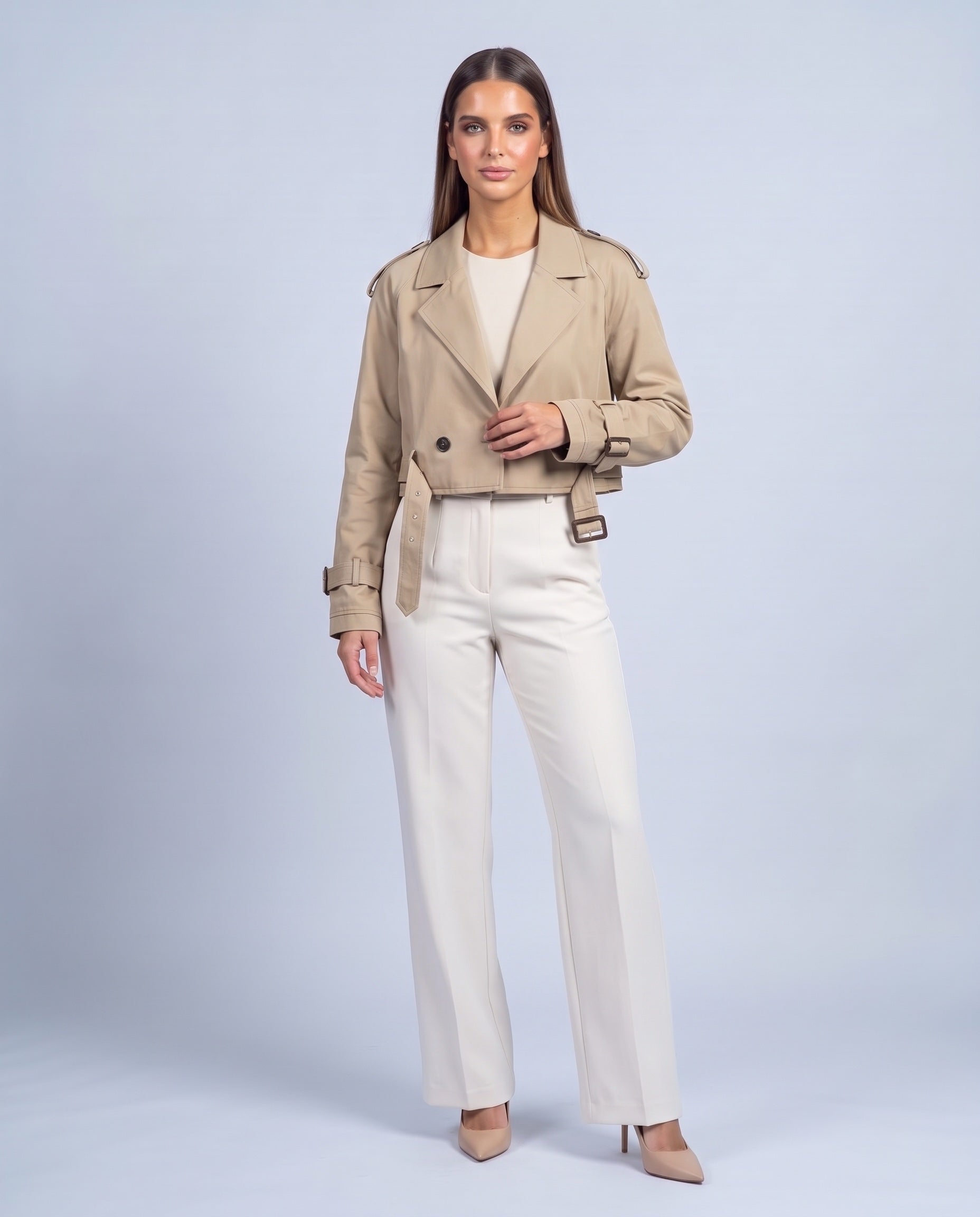Khaki Cropped Utility Trench Coat Women's Belted Autumn Jacket