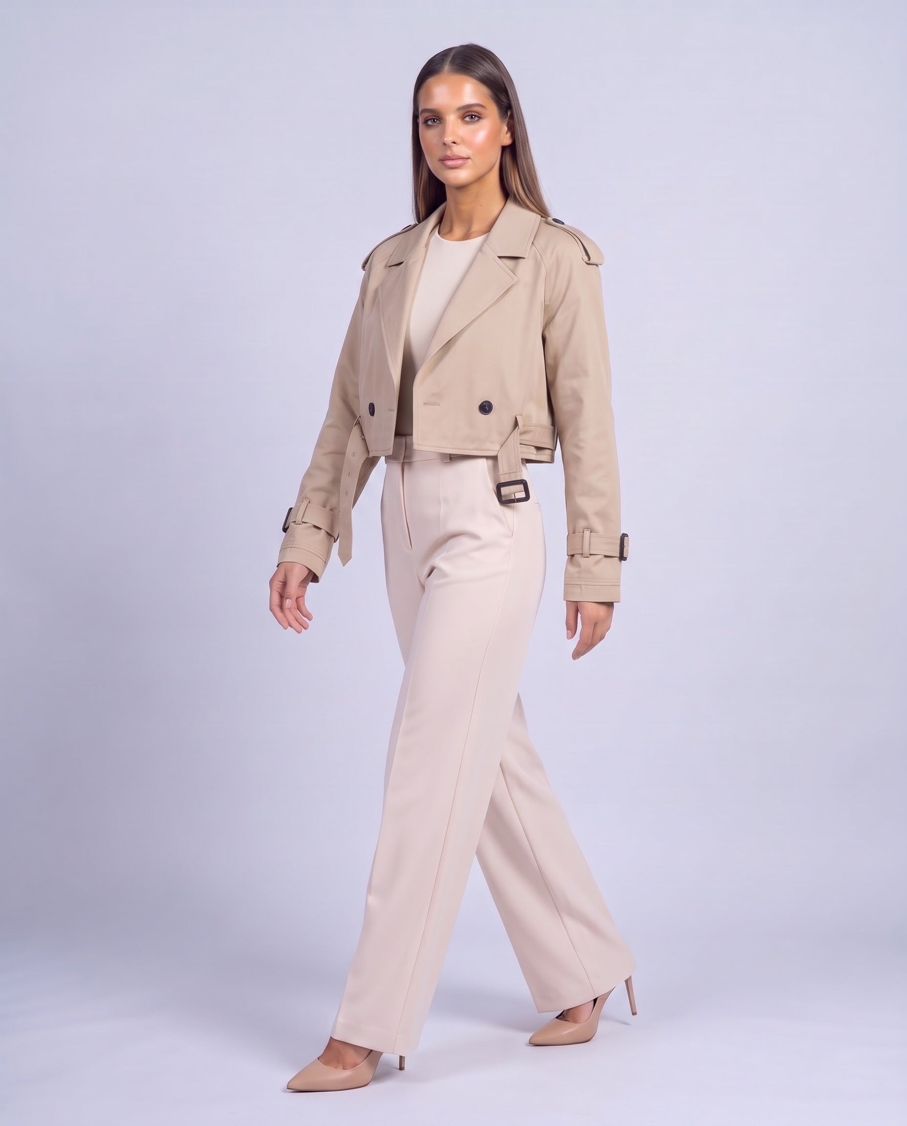 Cropped Utility Trench Coat Women's Belted Autumn Jacket - Khaki