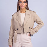 Cropped Utility Trench Coat Women's Belted Autumn Jacket - Khaki
