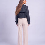 Cropped Utility Trench Coat Women's Belted Autumn Jacket - Navy Blue