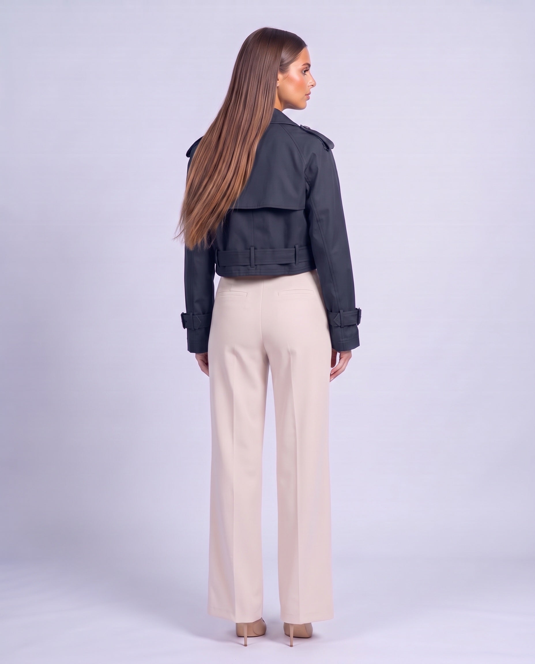 Cropped Utility Trench Coat Women's Belted Autumn Jacket - Navy Blue