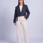 Cropped Utility Trench Coat Women's Belted Autumn Jacket - Navy Blue