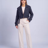 Cropped Utility Trench Coat Women's Belted Autumn Jacket - Navy Blue