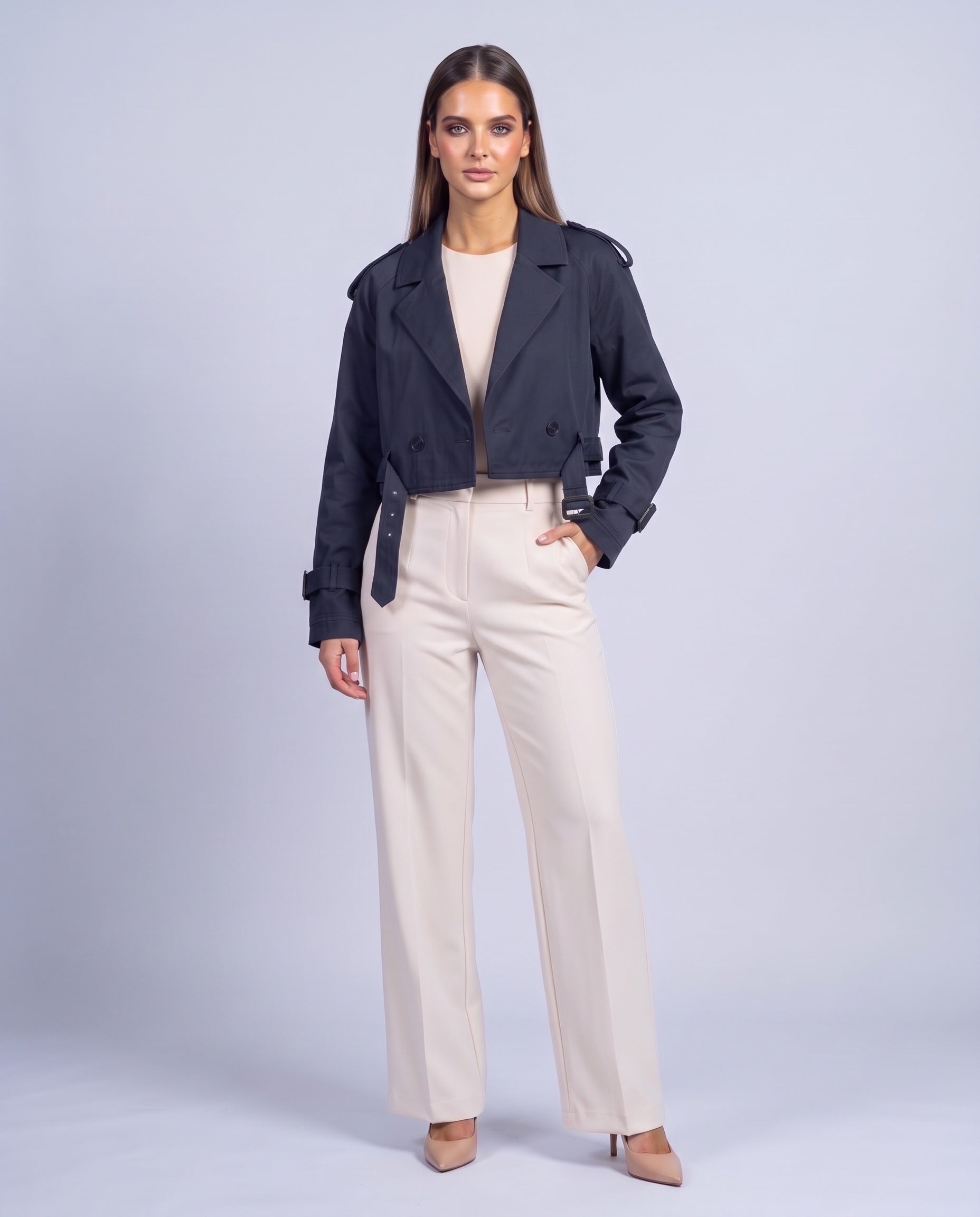 Cropped Utility Trench Coat Women's Belted Autumn Jacket - Navy Blue