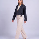 Cropped Utility Trench Coat Women's Belted Autumn Jacket - Navy Blue