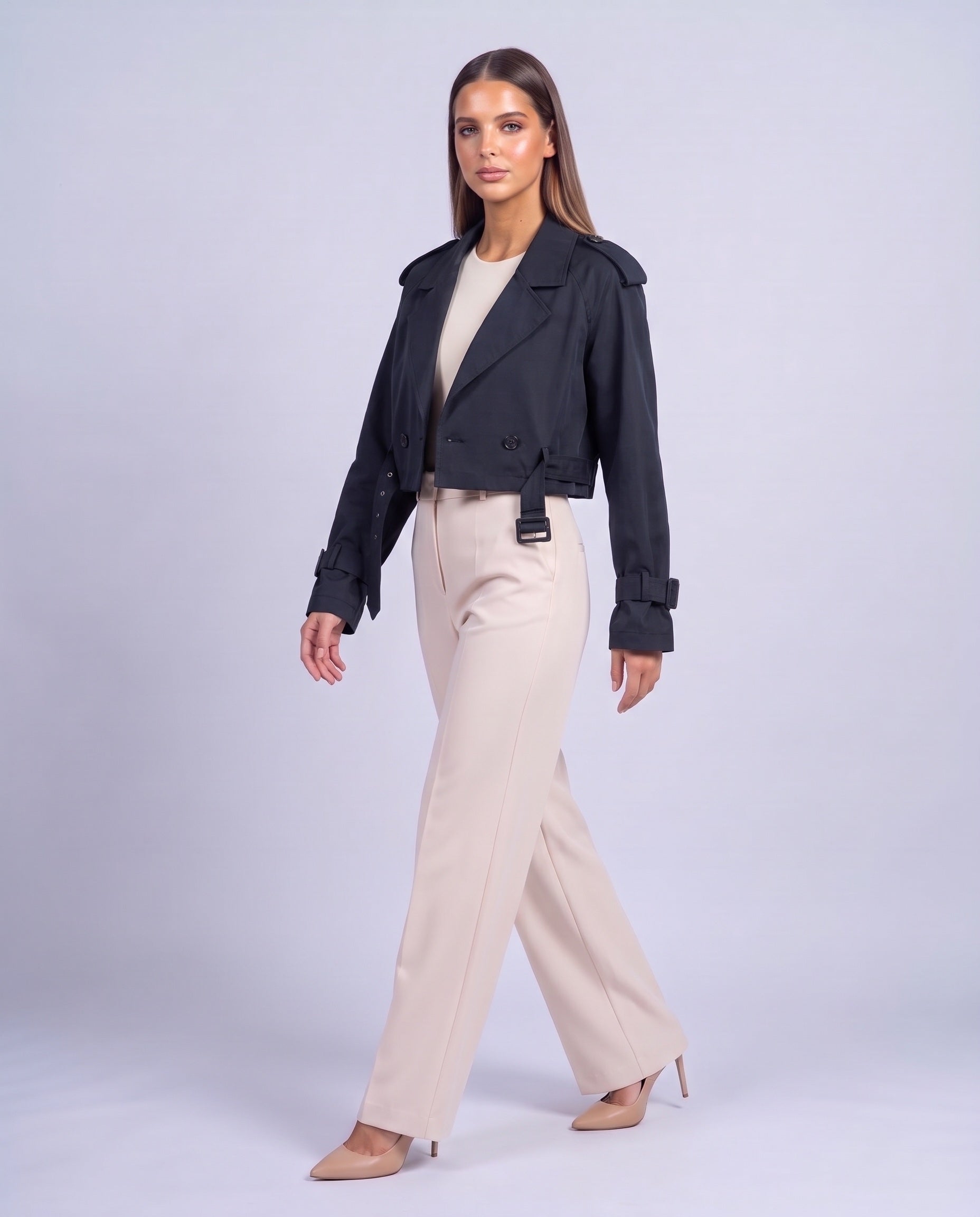 Cropped Utility Trench Coat Women's Belted Autumn Jacket - Navy Blue