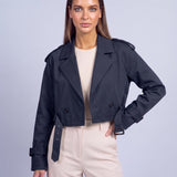 Cropped Utility Trench Coat Women's Belted Autumn Jacket - Navy Blue