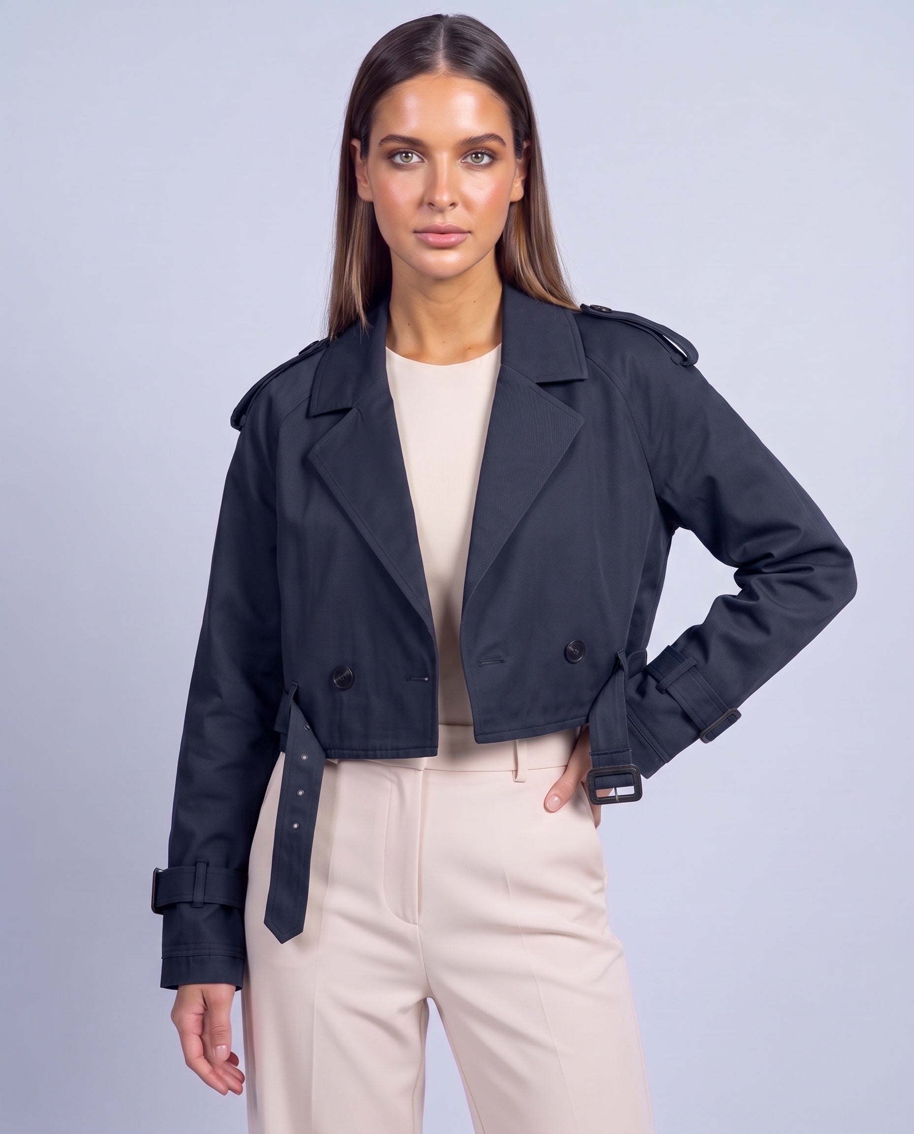 Cropped Utility Trench Coat Women's Belted Autumn Jacket - Navy Blue