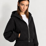 Black Zip Hoodie Cropped Fleece Lined Hooded Jacket for Women