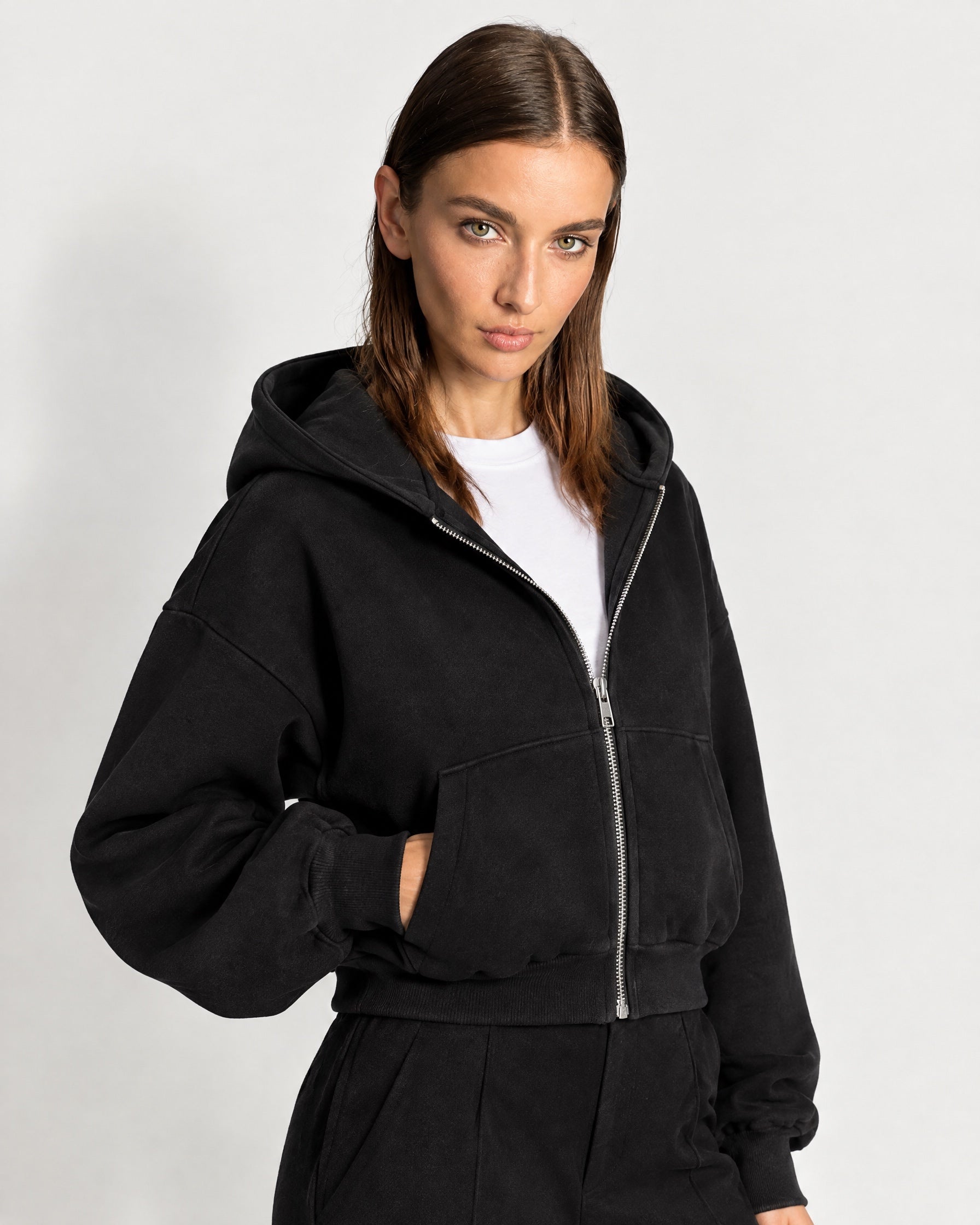 Black Zip Hoodie Cropped Fleece Lined Hooded Jacket for Women