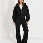 Black Zip Hoodie Cropped Fleece Lined Hooded Jacket for Women