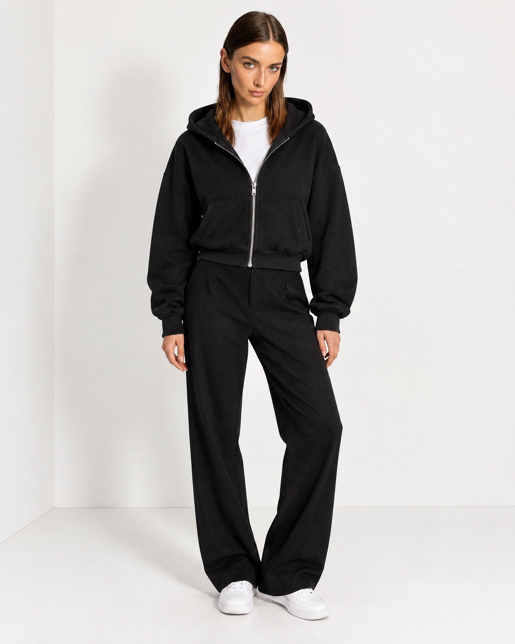 Black Zip Hoodie Cropped Fleece Lined Hooded Jacket for Women