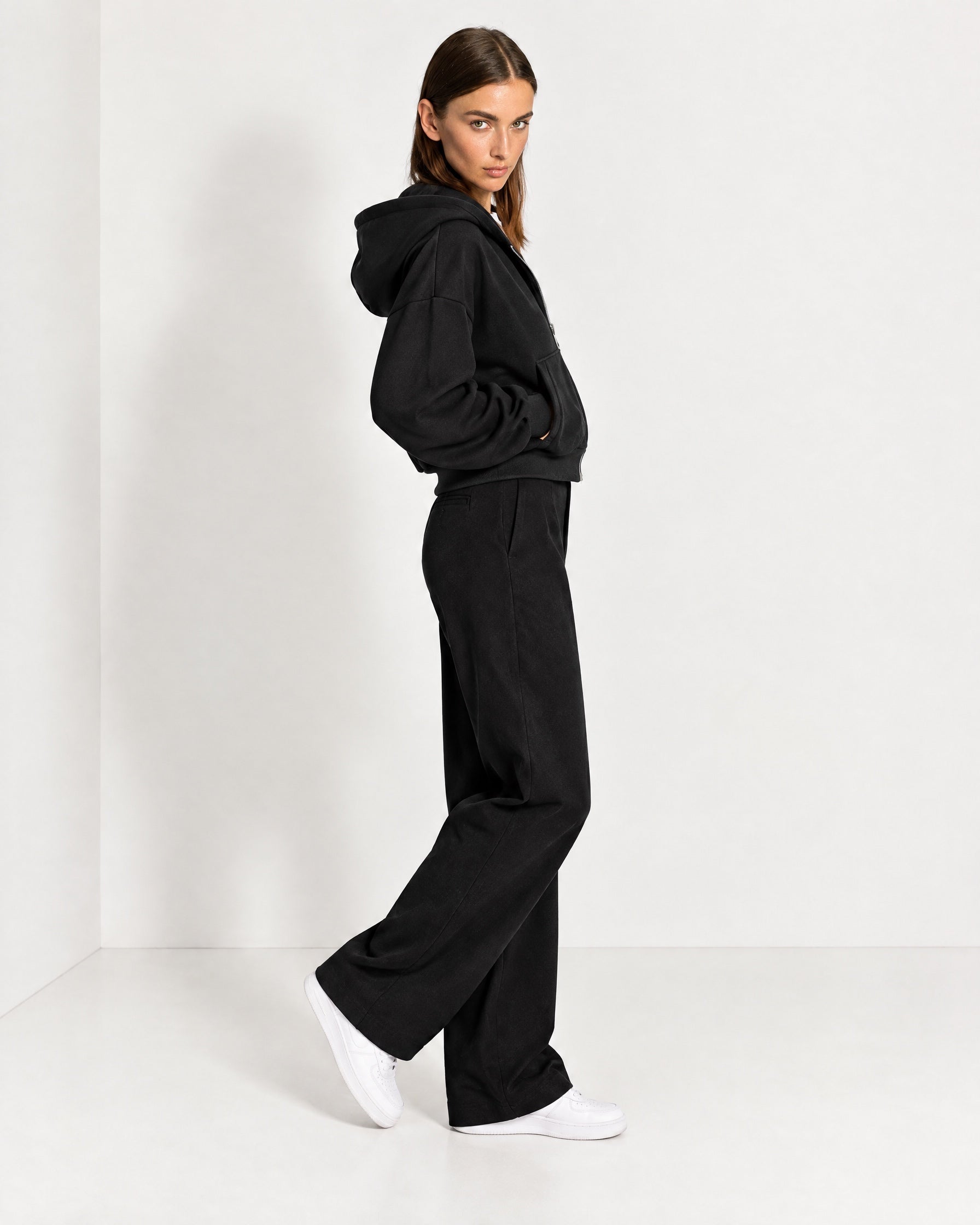 Black Zip Hoodie Cropped Fleece Lined Hooded Jacket for Women