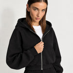 Black Zip Hoodie Cropped Fleece Lined Hooded Jacket for Women