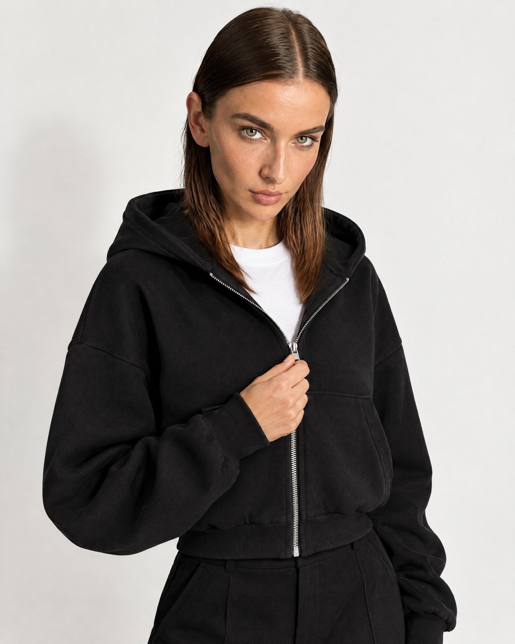 Black Zip Hoodie Cropped Fleece Lined Hooded Jacket for Women