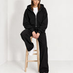 Black Zip Hoodie Cropped Fleece Lined Hooded Jacket for Women