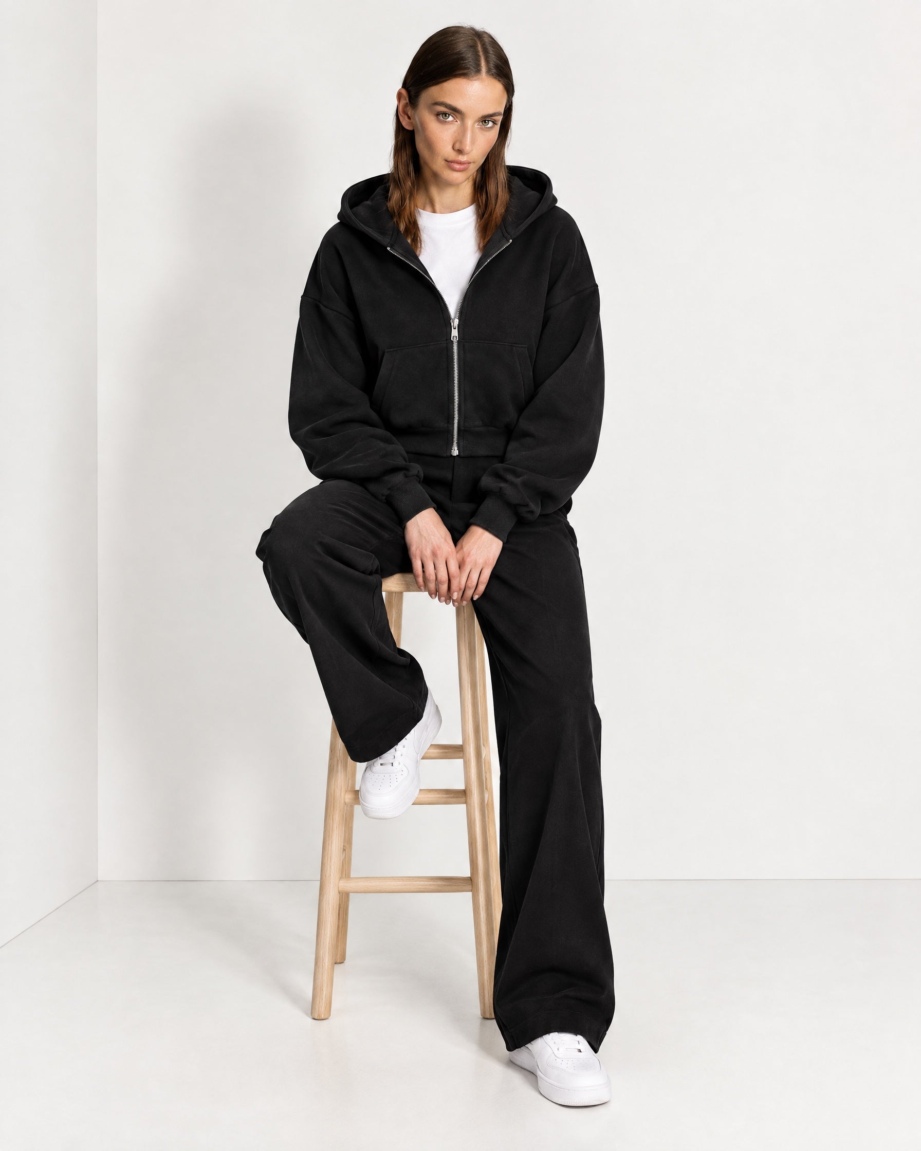 Black Zip Hoodie Cropped Fleece Lined Hooded Jacket for Women