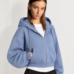 Blue Zip Hoodie Cropped Fleece Lined Hooded Jacket for Women