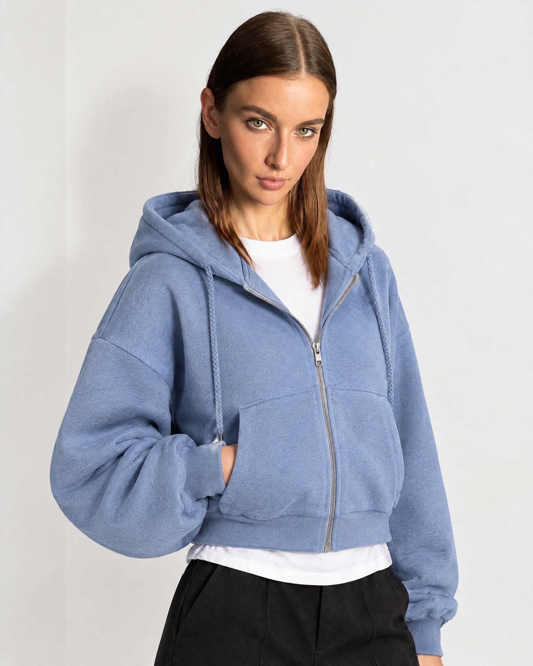 Blue Zip Hoodie Cropped Fleece Lined Hooded Jacket for Women