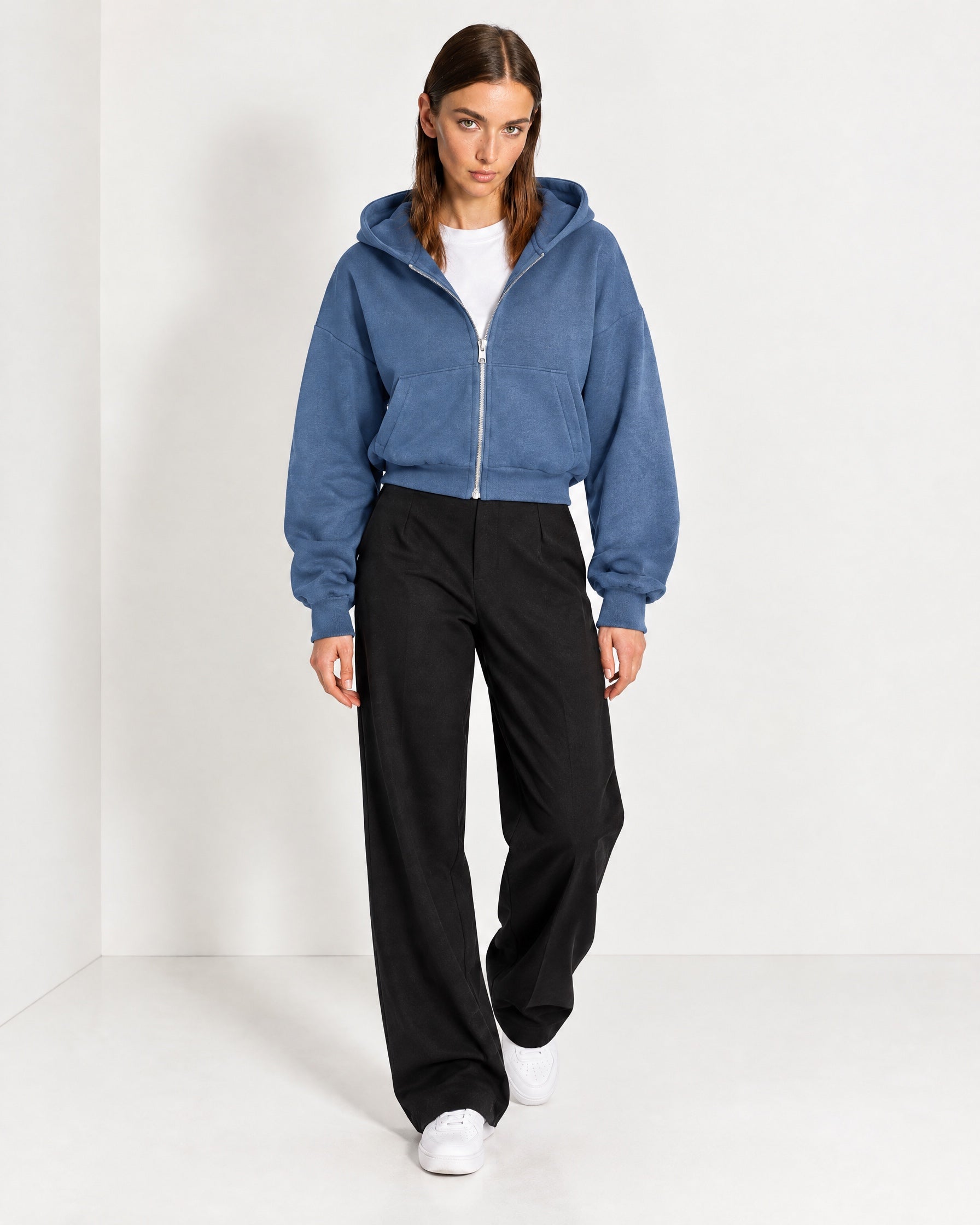 Blue Zip Hoodie Cropped Fleece Lined Hooded Jacket for Women