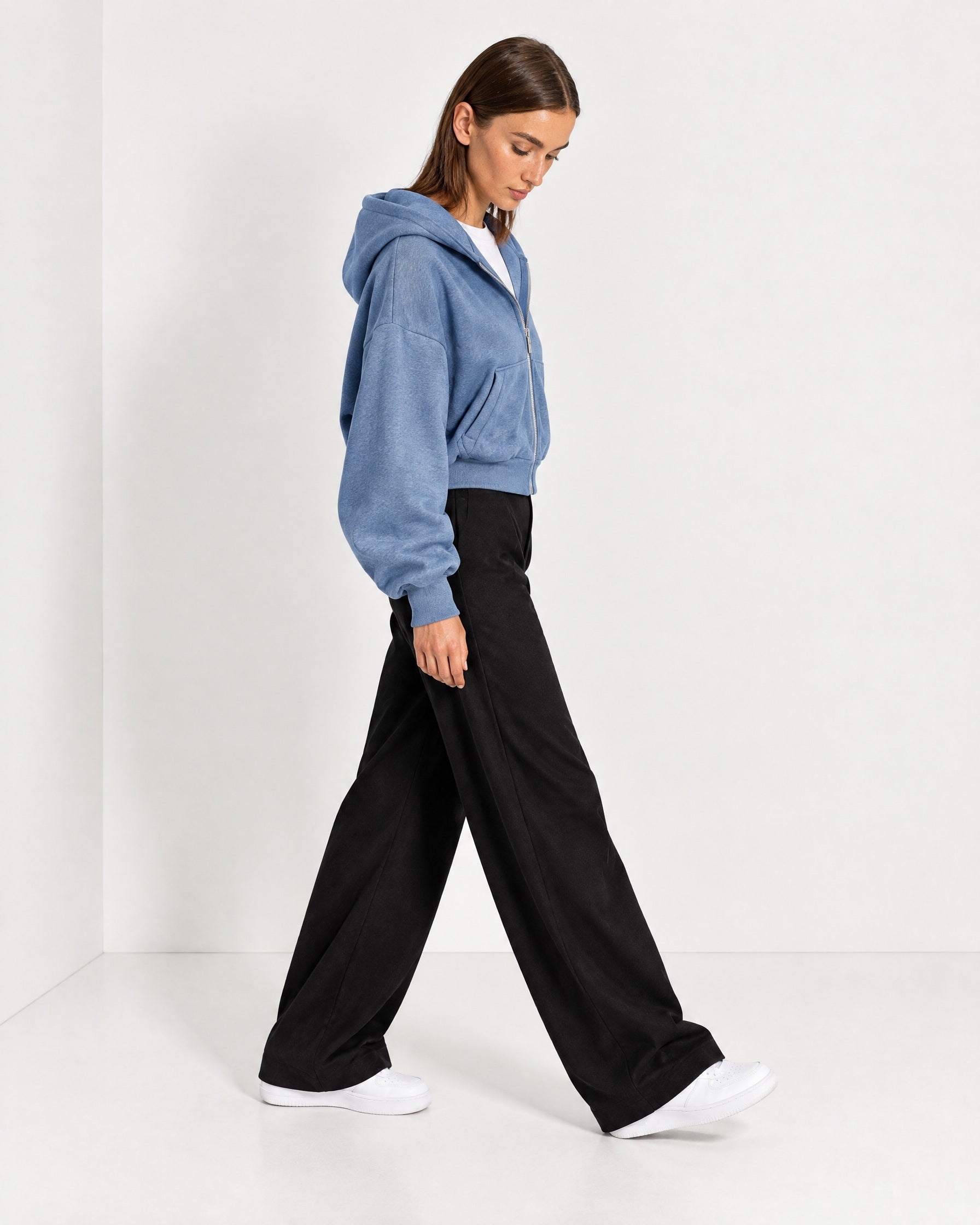 Blue Zip Hoodie Cropped Fleece Lined Hooded Jacket for Women