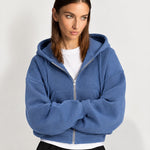 Blue Zip Hoodie Cropped Fleece Lined Hooded Jacket for Women