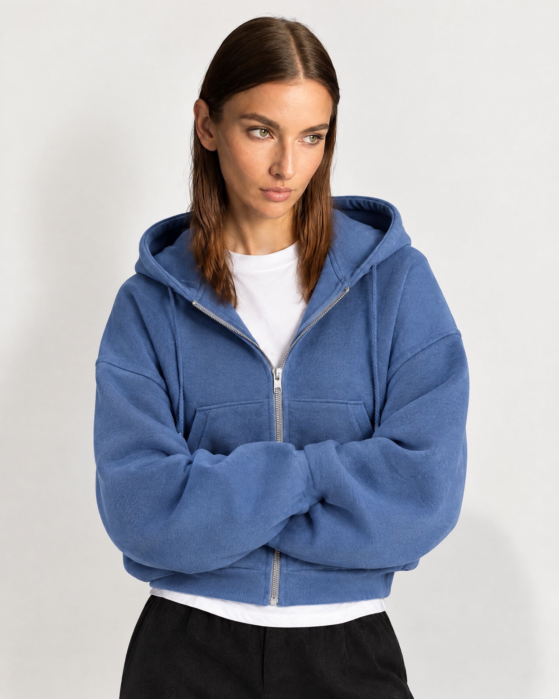 Blue Zip Hoodie Cropped Fleece Lined Hooded Jacket for Women