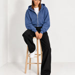 Blue Zip Hoodie Cropped Fleece Lined Hooded Jacket for Women