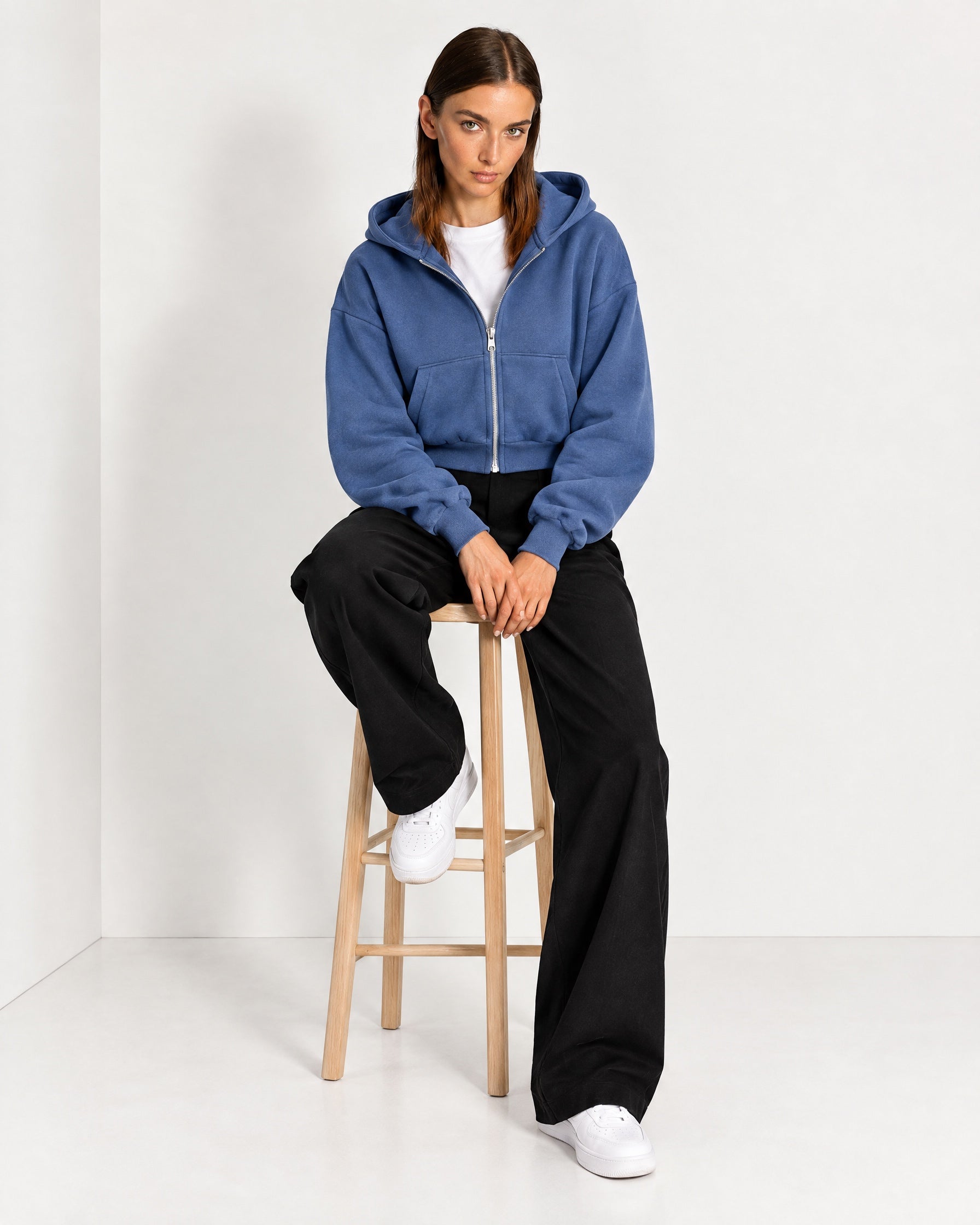 Blue Zip Hoodie Cropped Fleece Lined Hooded Jacket for Women