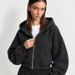 Charcoal Zip Hoodie Cropped Fleece Lined Hooded Jacket for Women